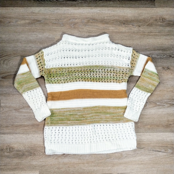 Striped Loose Knit Fall Sweater White Green & Brown Women Small Cottagecore - Picture 1 of 6